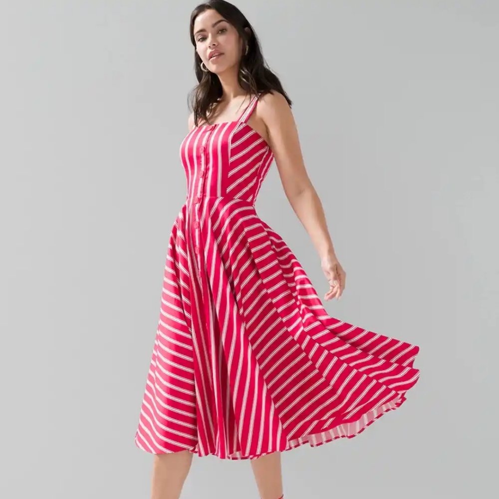 White House Black Market Button Front Fit & Flare Midi Dress - Red - Size 2